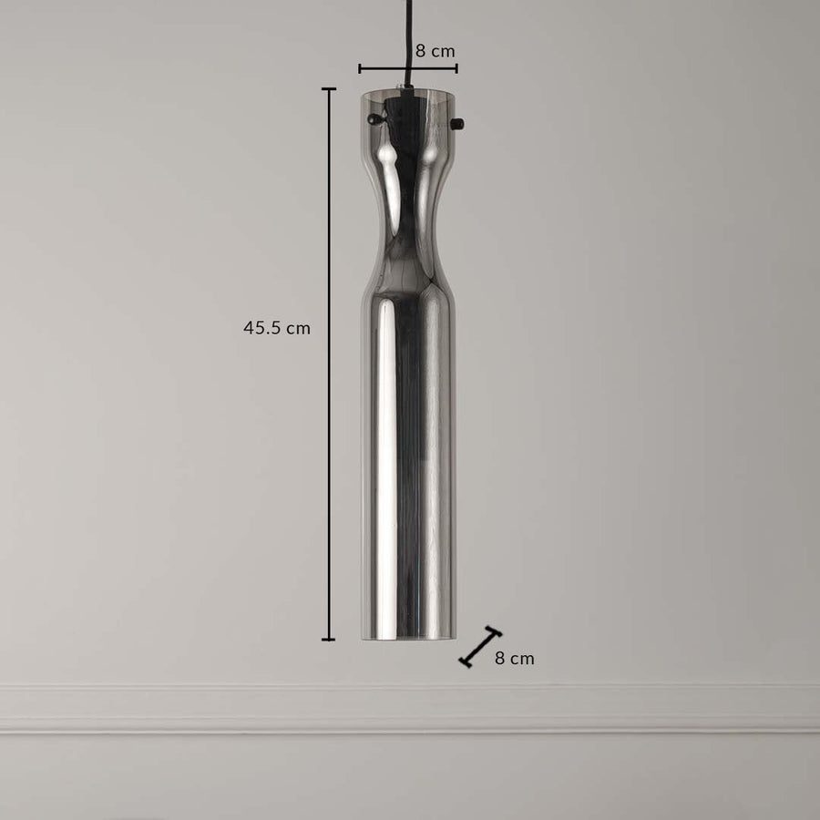 Dimension image of chrome finish sculptural metal pendant light showing 45.5 cm height and 8 cm width.