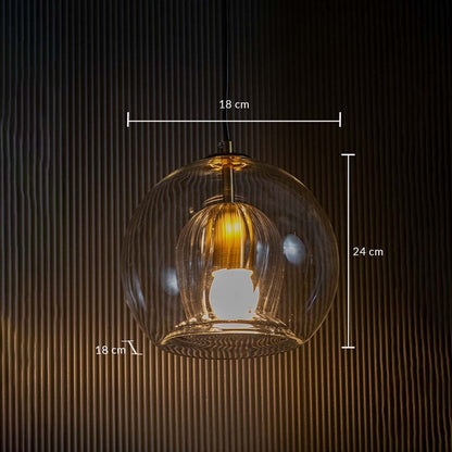 Glass pendant light measuring 18 cm in width and 24 cm in height with the inner shade width also at 18 cm clearly shown on the dimension guide.