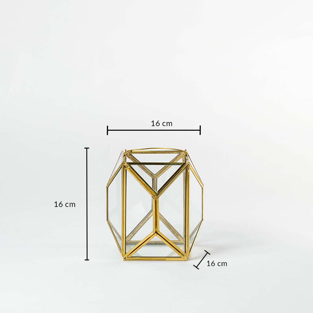 Gold geometric glass lantern shown with dimensions 16 cm height and 16 cm width offering clear sizing for tabletop shelf or accent decor placement.