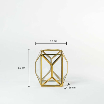 Gold geometric glass lantern shown with dimensions 16 cm height and 16 cm width offering clear sizing for tabletop shelf or accent decor placement.