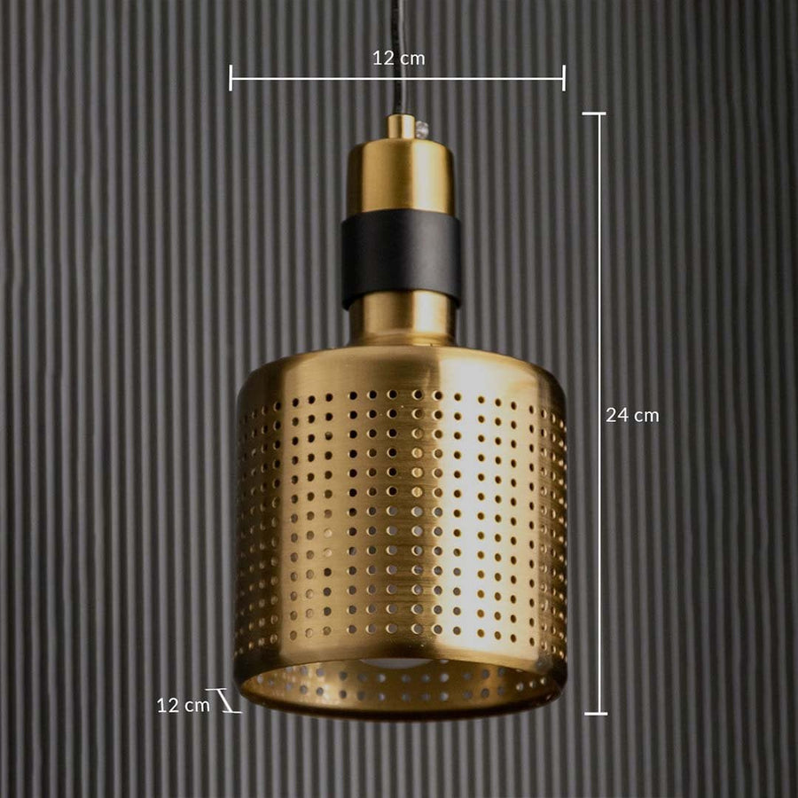A gold perforated pendant light shown with 12 cm width 12 cm depth and 24 cm height measurements highlighting its compact modern silhouette.