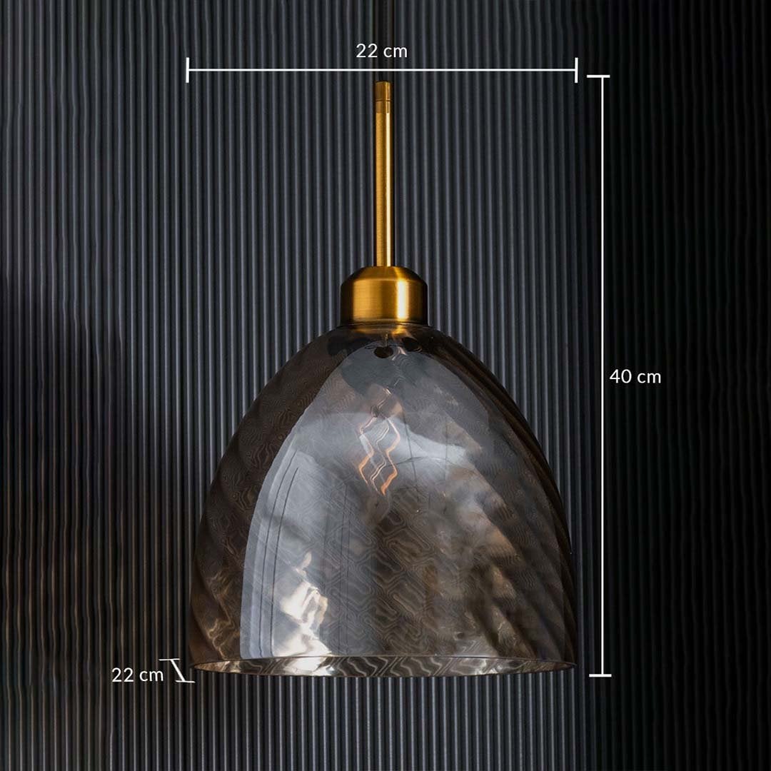 A gold and smoked glass pendant light shown with 22 cm width 22 cm depth and 40 cm height measurements highlighting its compact modern size.