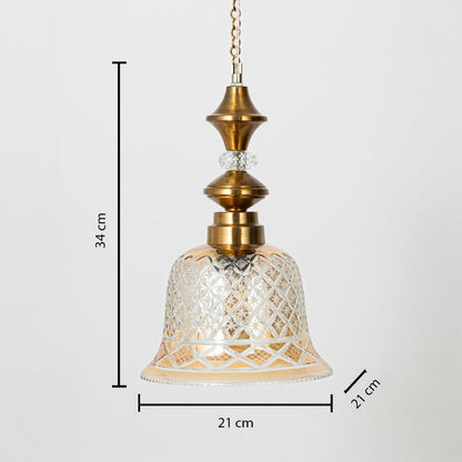Clear patterned glass and brass pendant light dimension image with 21 cm width and 34 cm height for elegant dining placement.
