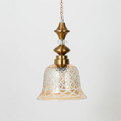 Patterned glass and gold metal pendant light designed for bedroom dining room and classic home decor.