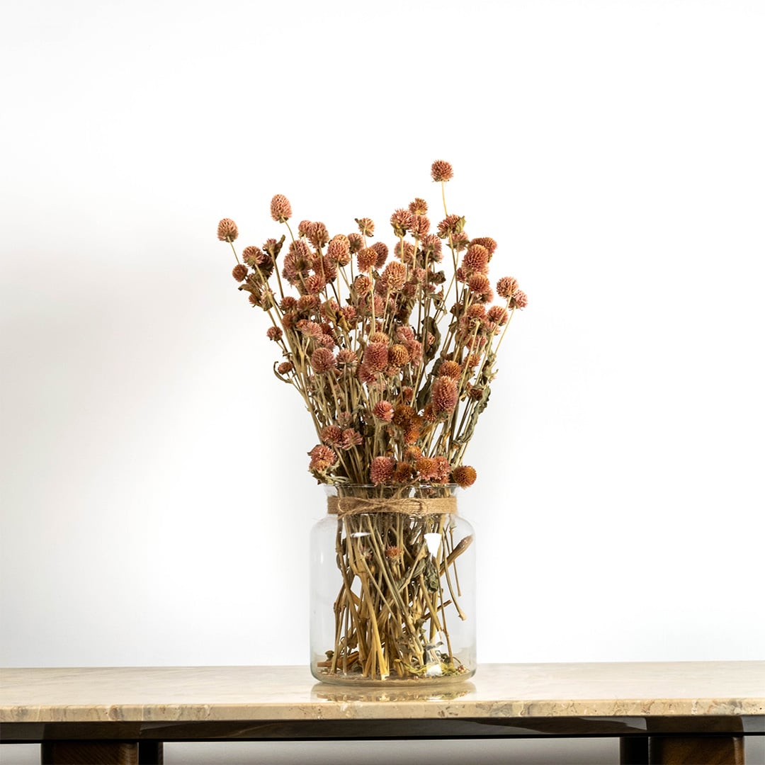 Dried flower arrangement with warm brown stems displayed in a vase offering an earthy natural décor accent ideal for rustic modern and cozy home styling with a simple elegant look.