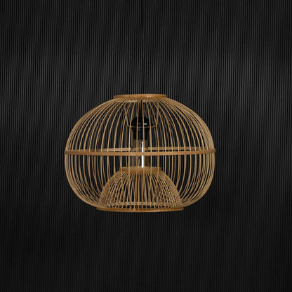 Rattan pendant light displayed off on black background showcasing elegant structure and handcrafted form.