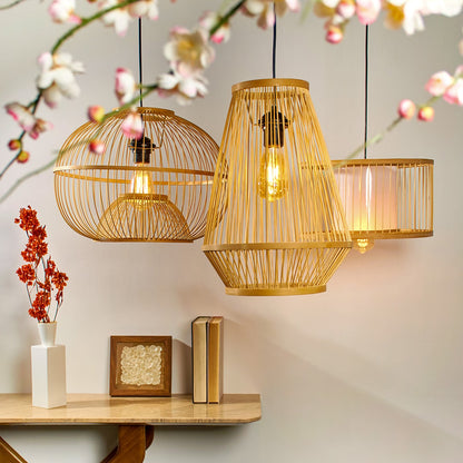 Handwoven rattan pendant styled in living space offering cozy ambient lighting and organic appeal.