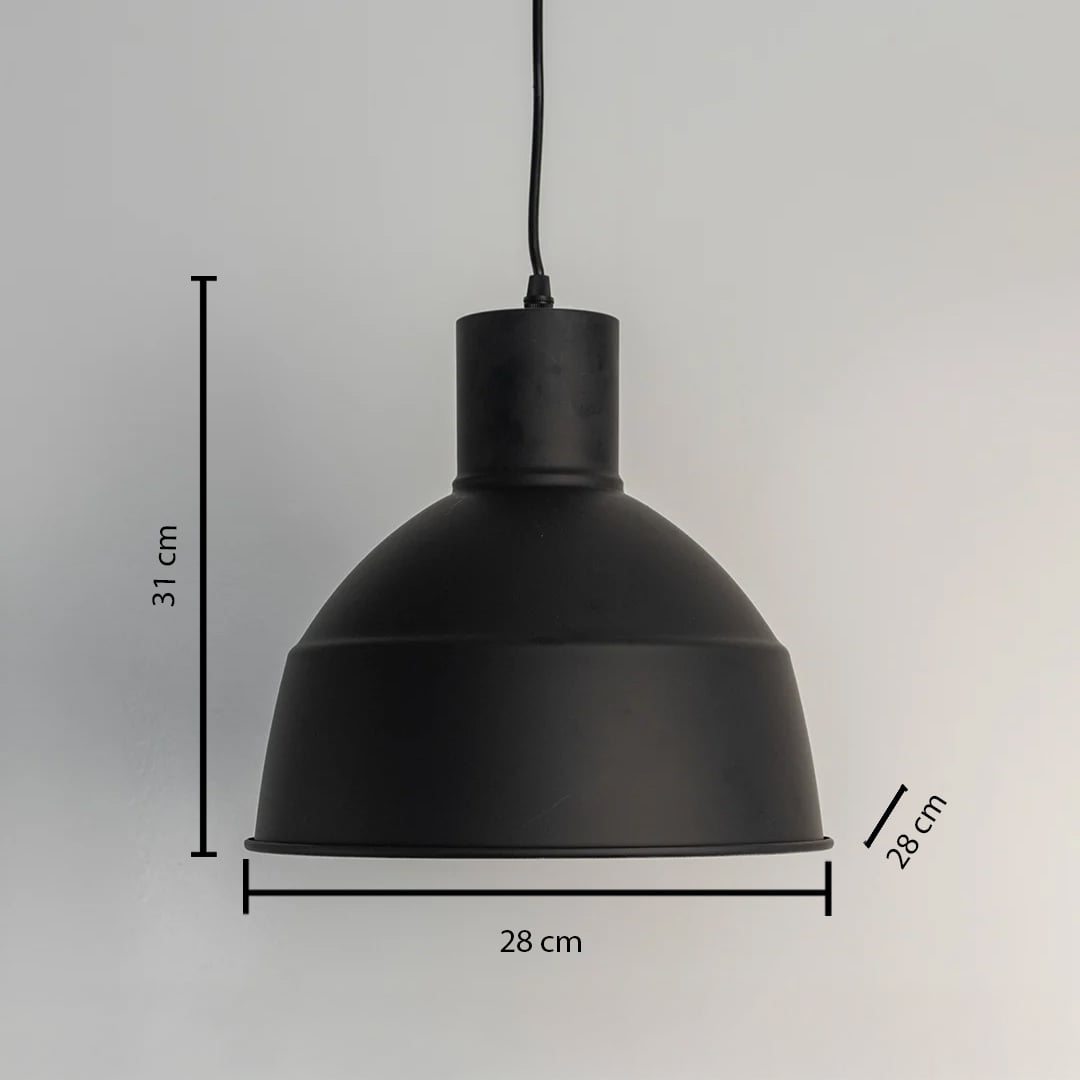 Matte black dome pendant light measuring 31 cm in height and 28 cm in diameter displayed with measurements on white background.