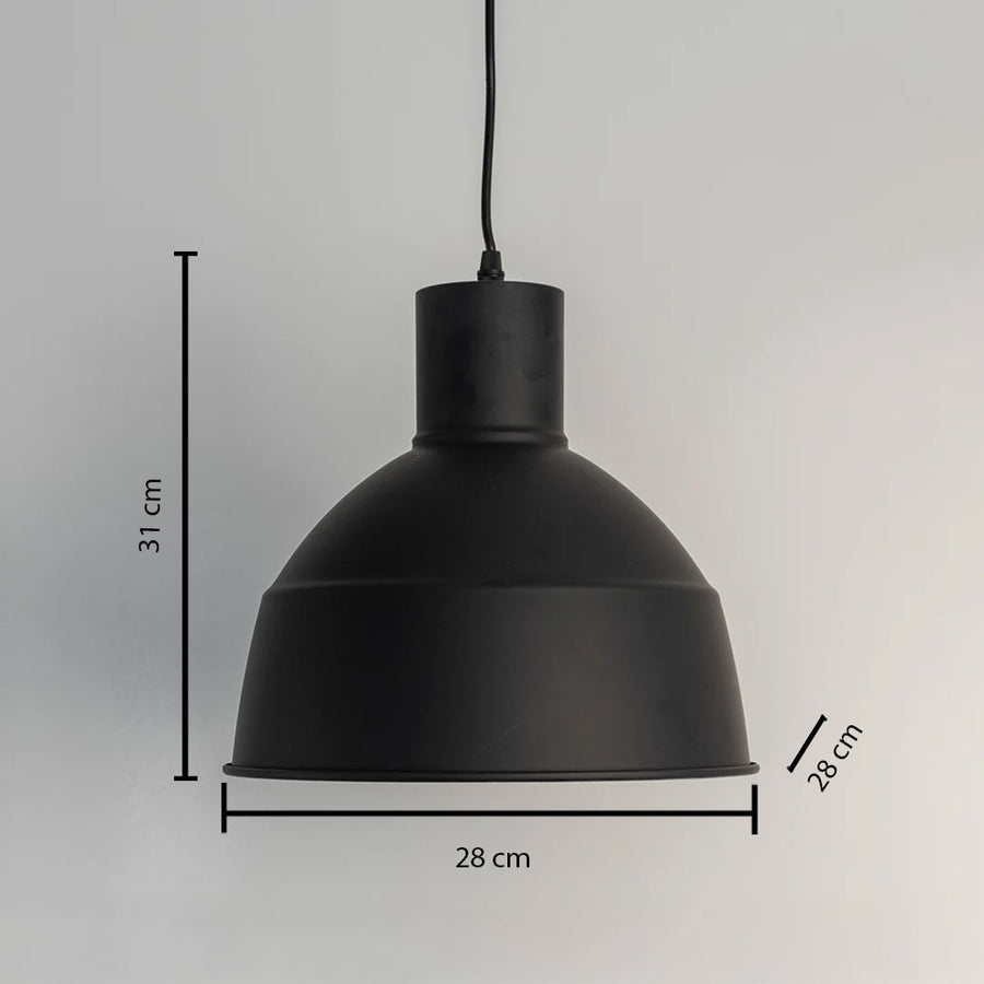 Matte black dome pendant light measuring 31 cm in height and 28 cm in diameter displayed with measurements on white background.
