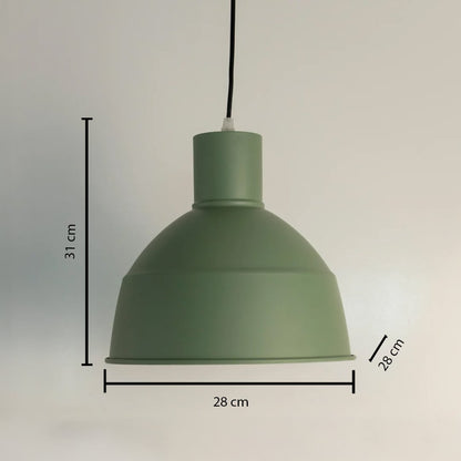 Matte green dome pendant light measuring 31 cm in height and 28 cm in diameter displayed with measurements on a white background for sizing.