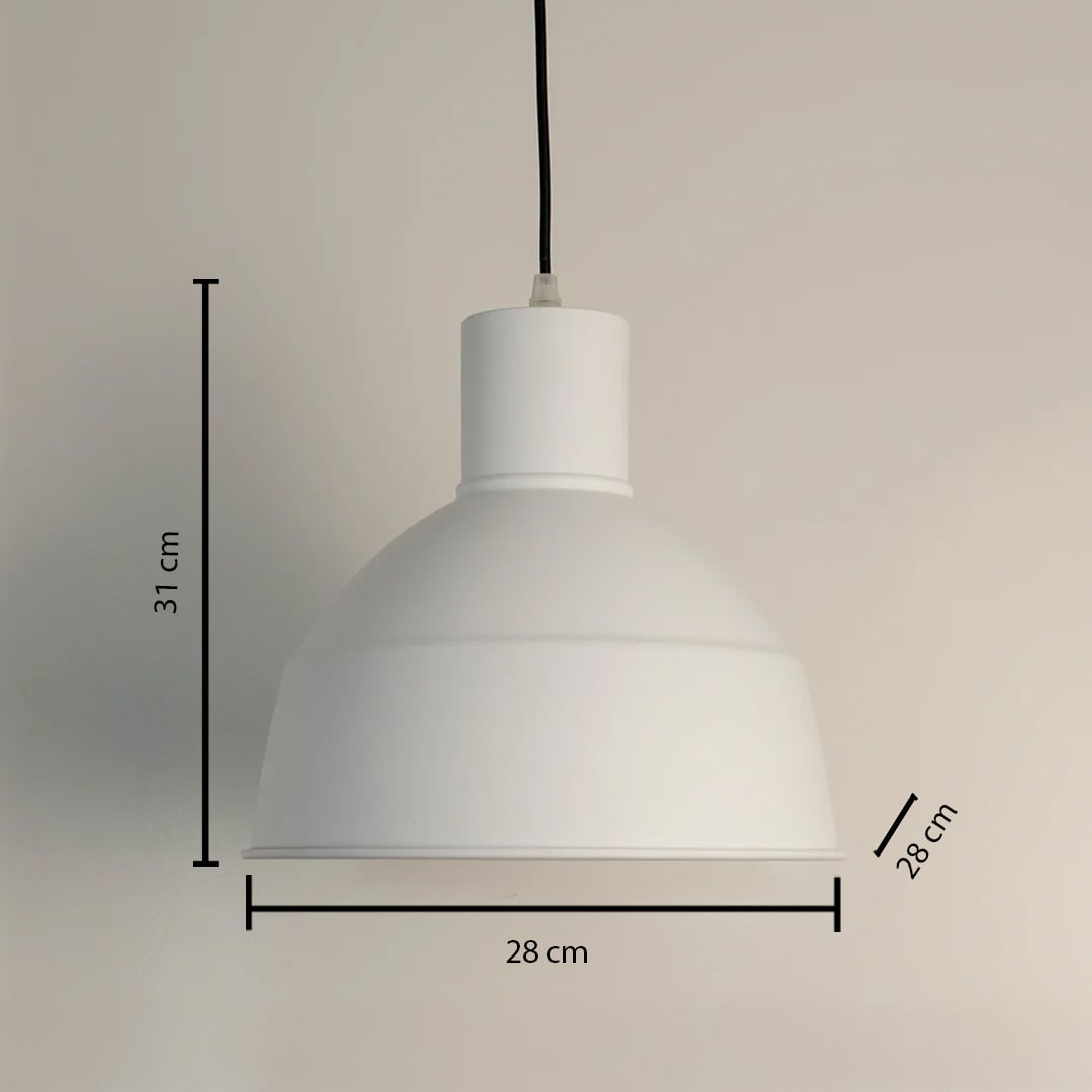Matte white dome pendant light measuring 31 cm in height and 28 cm in diameter displayed with measurements on a white background for sizing.