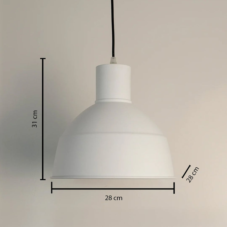 Matte white dome pendant light measuring 31 cm in height and 28 cm in diameter displayed with measurements on a white background for sizing.