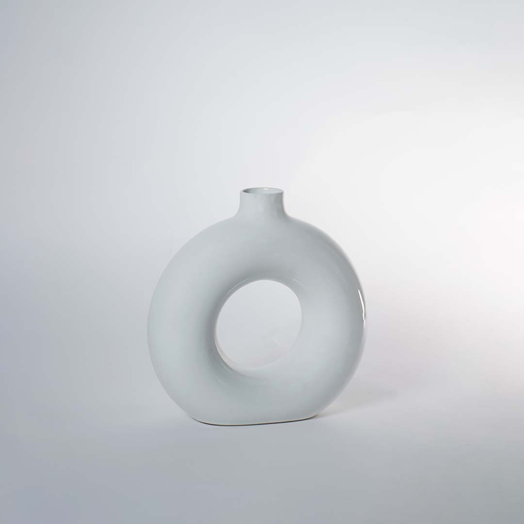 Glossy White Ceramic Donut Vase - Large