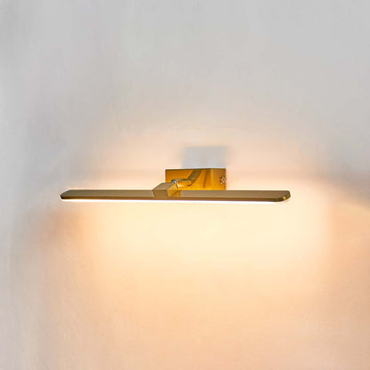 Sleek gold metal LED picture light wall fixture on white background for highlighting artwork and wall mirrors.
