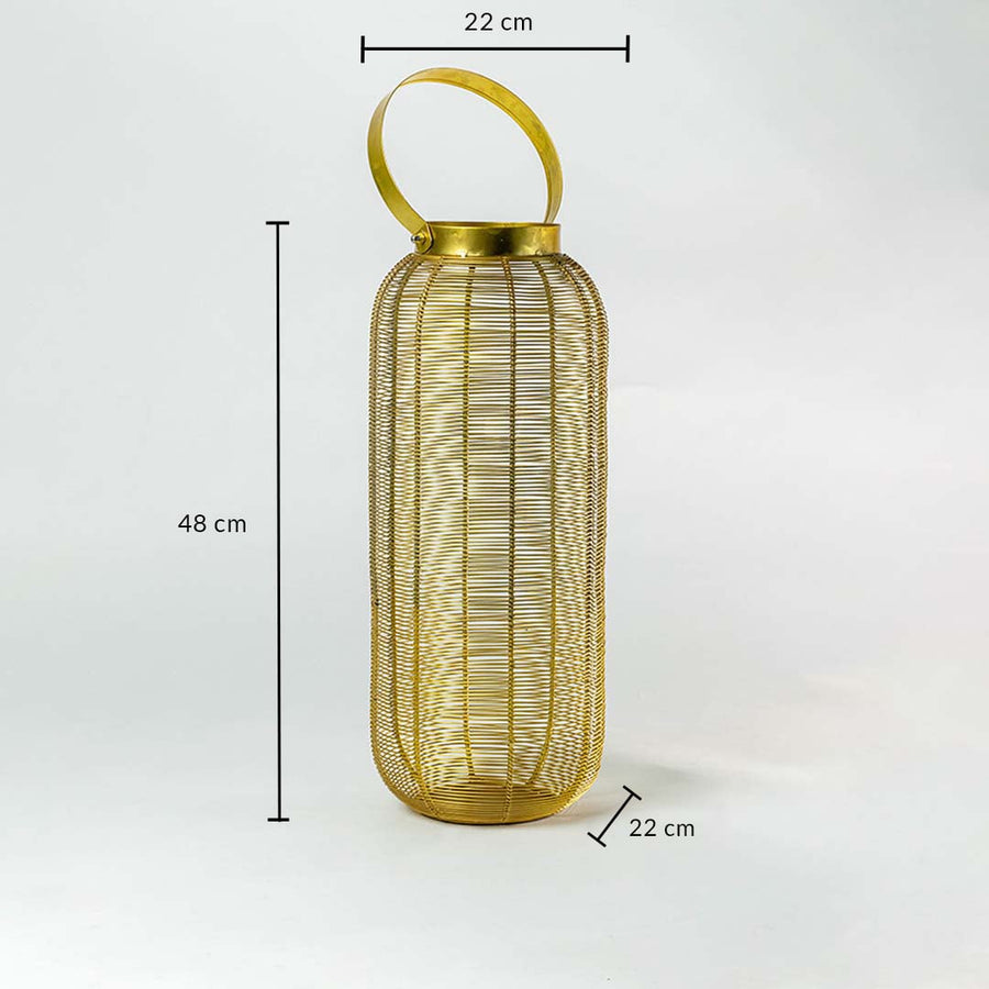 Gold wire mesh decorative lantern with circular handle showing dimensions of 48 cm height and 22 cm width on white background.