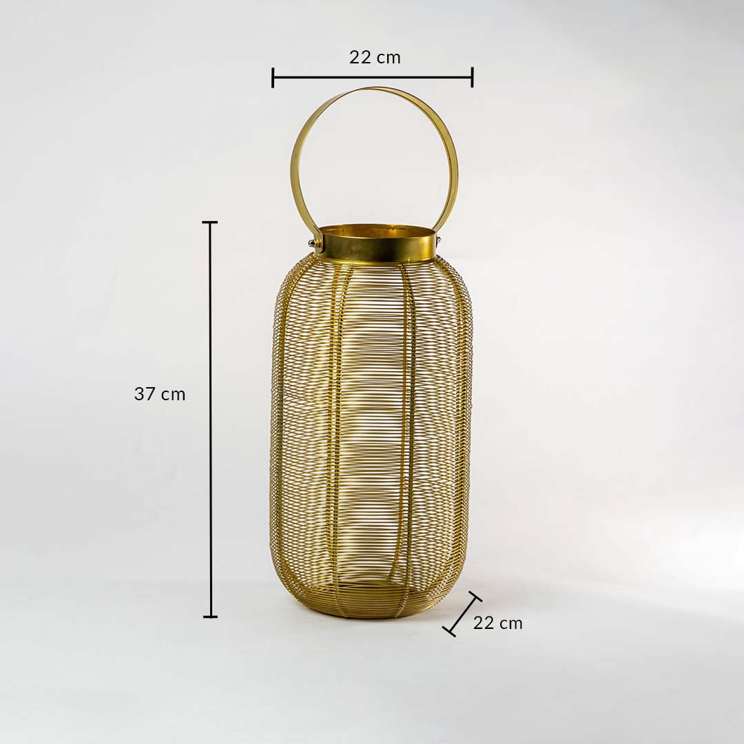Gold wire mesh decorative lantern with circular handle showing dimensions of 37 cm height and 22 cm width on white background.