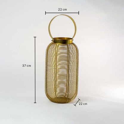 Gold wire mesh decorative lantern with circular handle showing dimensions of 37 cm height and 22 cm width on white background.