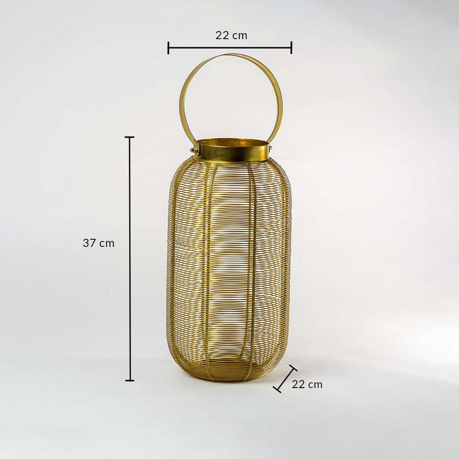 Gold wire mesh decorative lantern with circular handle showing dimensions of 37 cm height and 22 cm width on white background.