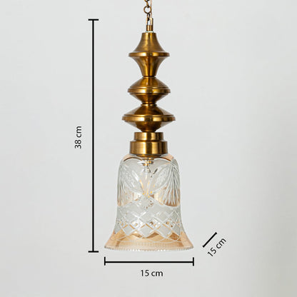 Pendant ceiling light with floral glass shade measuring 38 cm tall and 15 cm wide shown with size dimensions.
