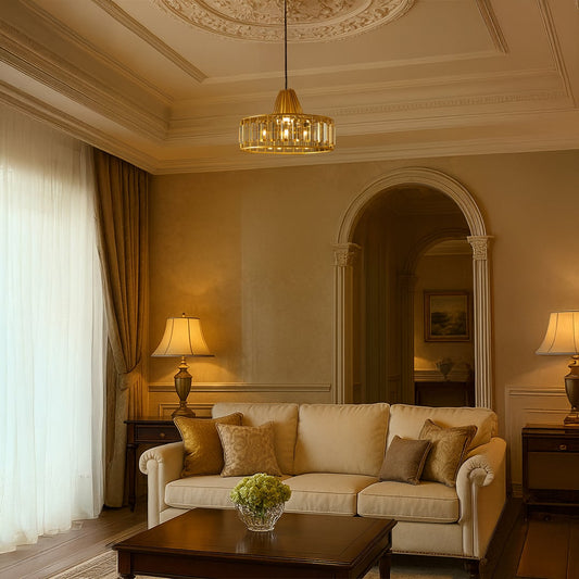 Elegant gold crystal pendant light glowing above a classic beige living room with warm decor and soft ambient lighting