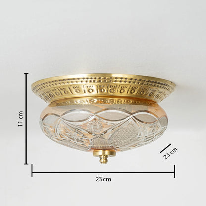 Brass and cut glass ceiling light with 23 cm diameter and 11 cm height shown with scale for accurate measurement.