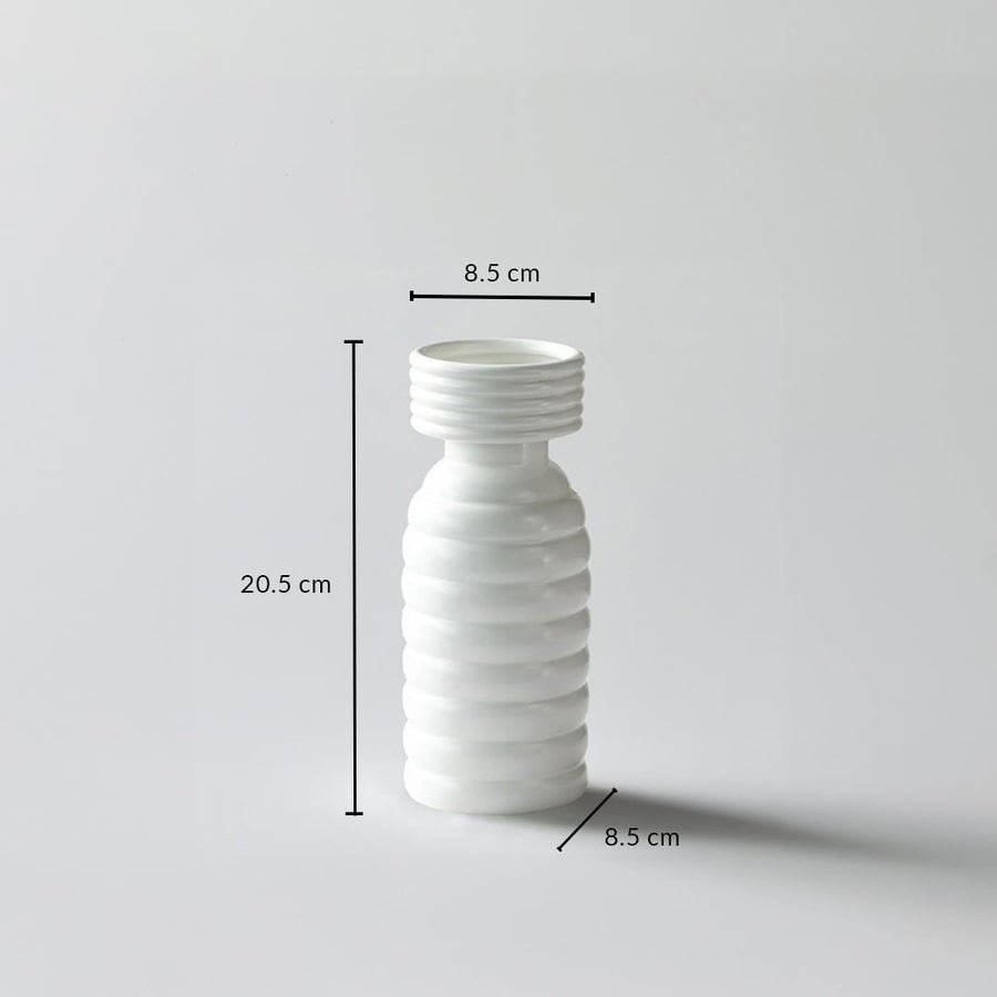 Dimension image of the ribbed white ceramic vase showing height 20.5 cm  width 8.5 cm  and depth 8.5 cm against a clean white background.