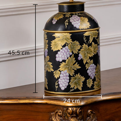Table lamp dimension image highlighting dark ceramic base with floral pattern and accurate height and width markings.