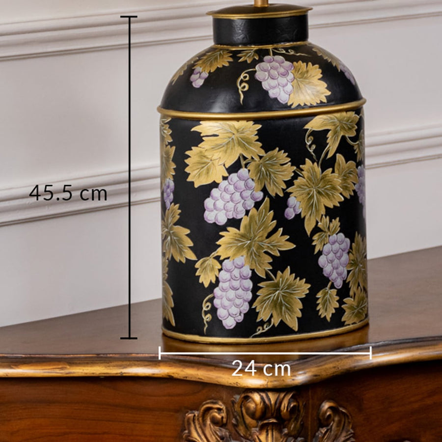 Table lamp dimension image highlighting dark ceramic base with floral pattern and accurate height and width markings.