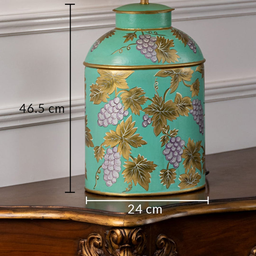 Table lamp dimension image highlighting a turquoise ceramic base with floral detailing measuring 45.5 cm height and 24 cm width.