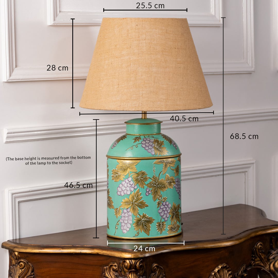 Palais mint green ceramic table lamp with beige shade shown 68.5 cm tall with hand painted grape artwork ideal for console use.