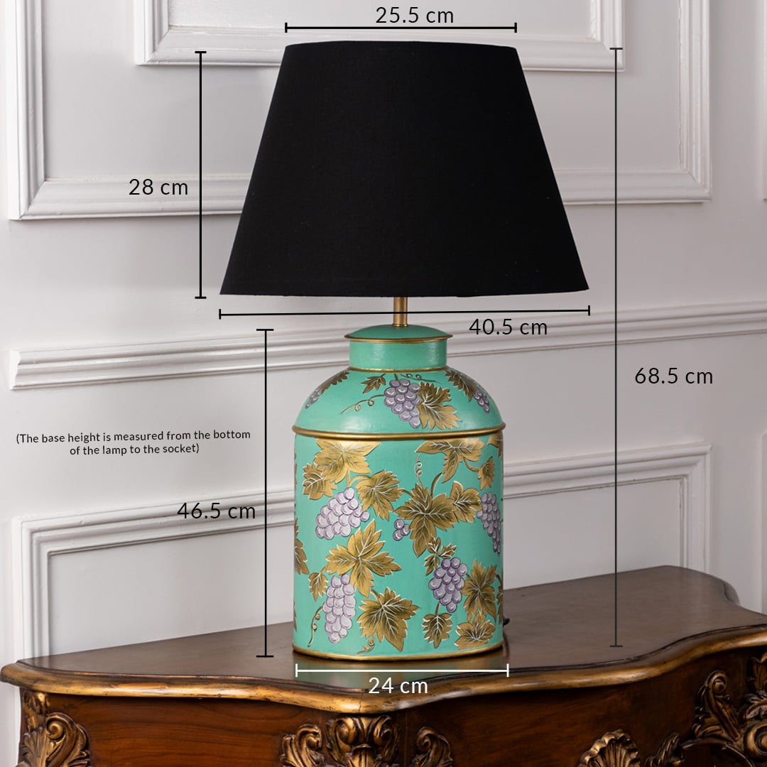 Palais mint green ceramic lamp with black shade shown 68.5 cm tall ideal for console table or bedside styling in elegant homes.