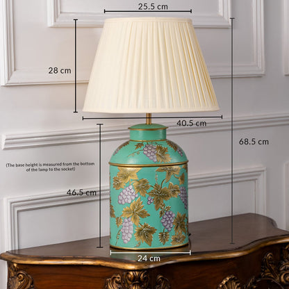 Palais mint green ceramic lamp with golden grapevine pattern and cream pleated shade shown 68.5 cm tall ideal for console or side table.