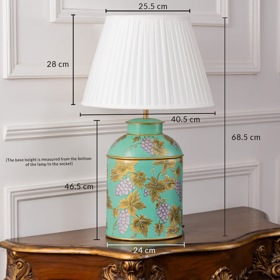 Palais mint green ceramic lamp with golden grape pattern and white pleated shade shown 68.5 cm tall perfect for consoles or bedside.