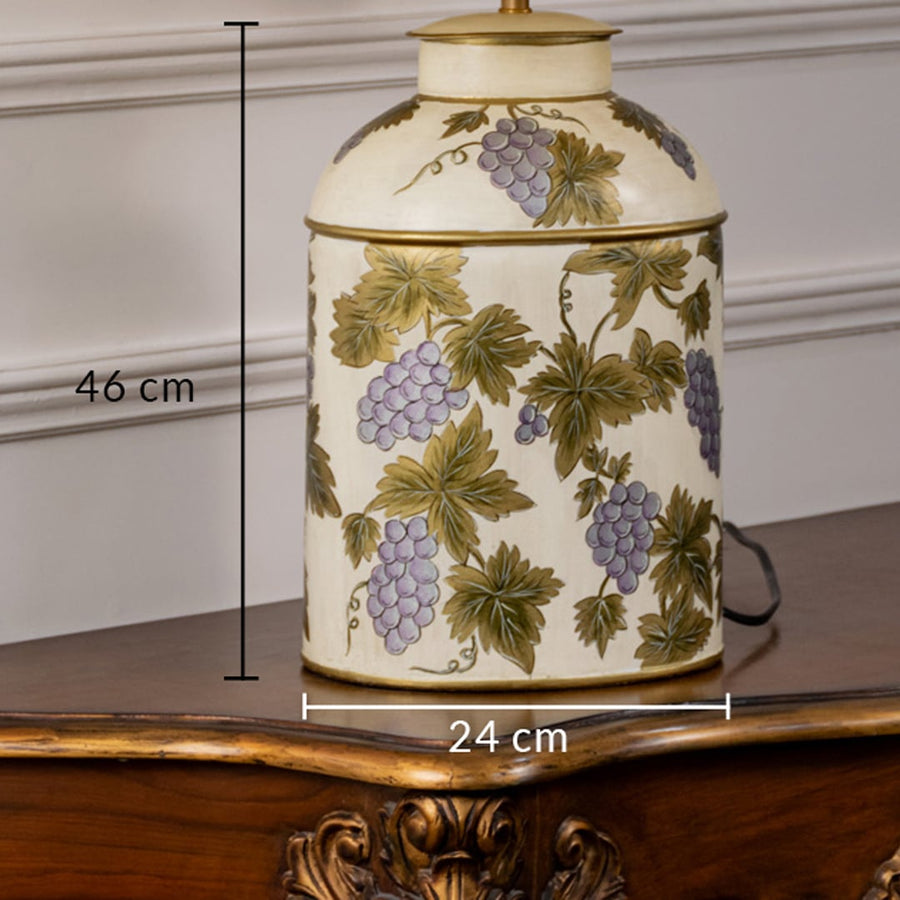 Table lamp dimension image featuring a cream ceramic base with botanical prints measuring 45.5 cm height and 24 cm width.