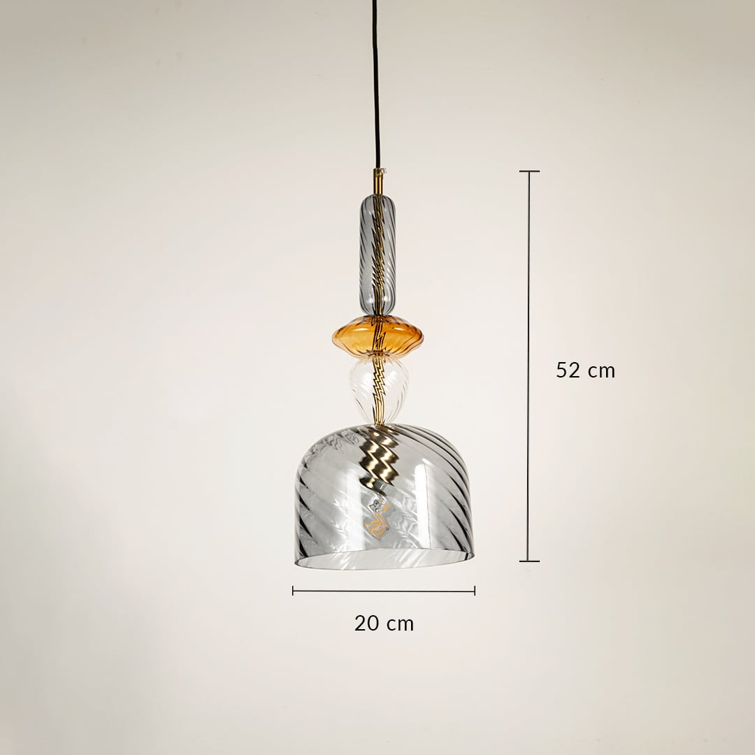 Designer grey and amber glass pendant light showing 52 cm height and 20 cm width ideal for living or dining space interiors.