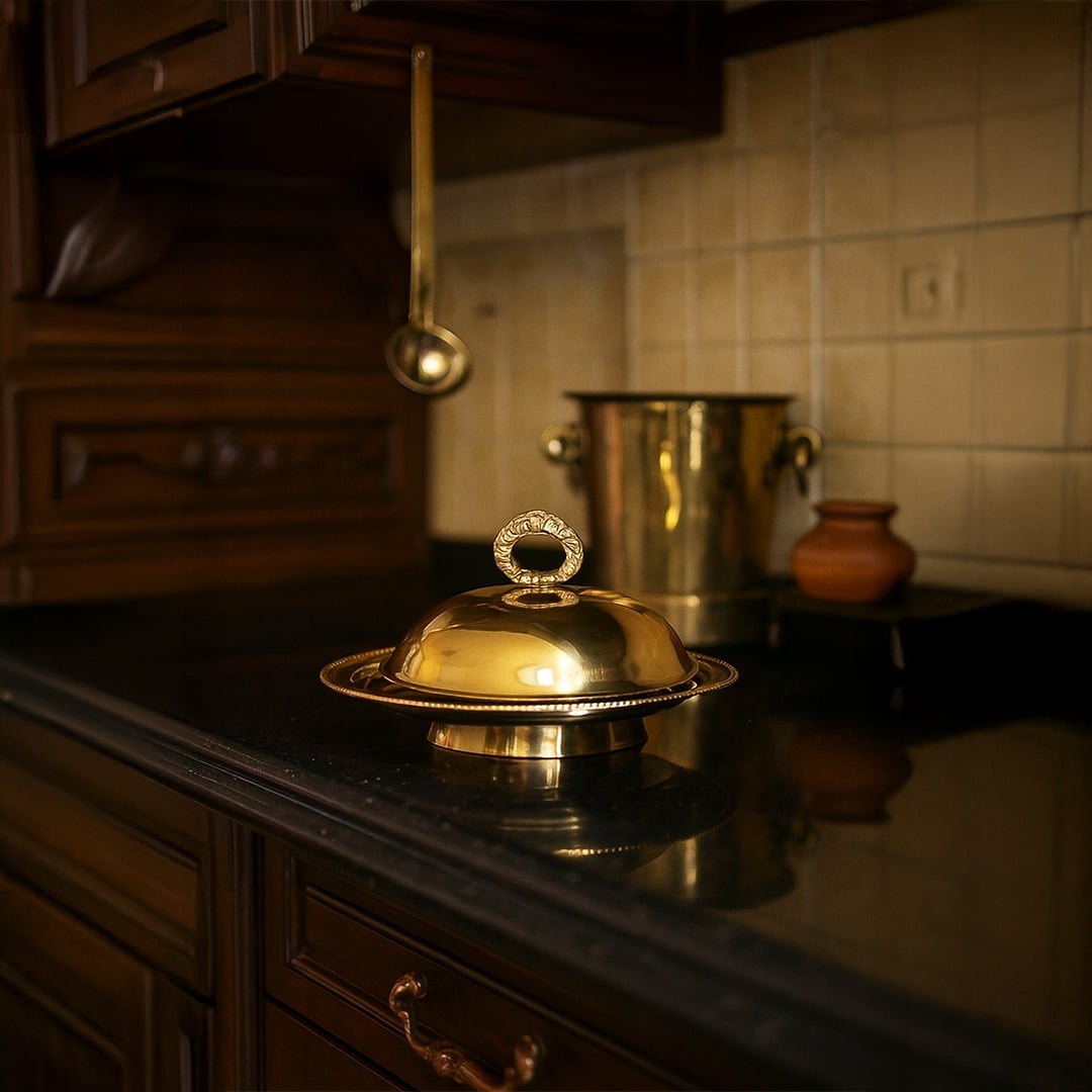 Luxurious gold brass dome serving dish with ring handle placed on a dark kitchen counter next to brass barware for elegant home decor.