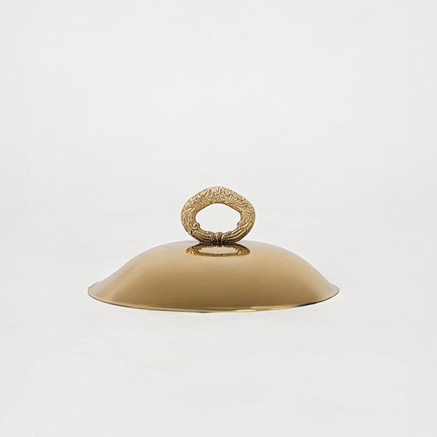 Shiny gold dome lid with ring handle displayed separately showing smooth finish and elegant domed shape.