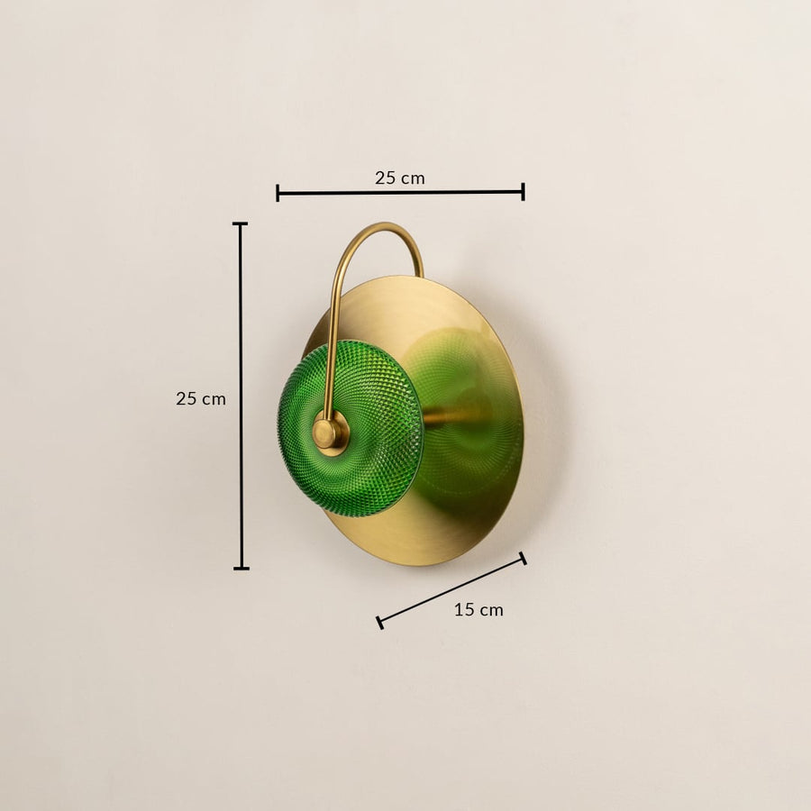 Brass wall lamp with green glass shade measuring 25cm height 25cm width and 15cm depth modern wall lighting.