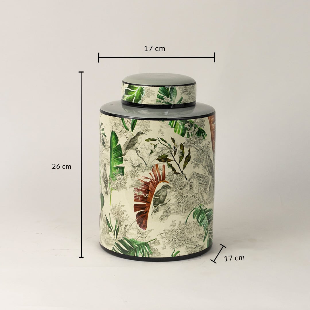 Tropical bird jar measuring 26 cm tall and 17 cm wide featuring tropical birds and green leaves pattern.
