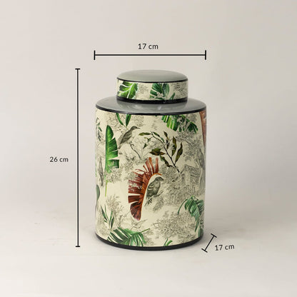 Tropical bird jar measuring 26 cm tall and 17 cm wide featuring tropical birds and green leaves pattern.