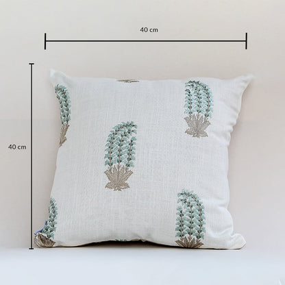Soft cotton cushion cover with blue cactus style embroidery shown with dimensions of 40 cm by 40 cm offering a playful nature inspired décor accent with a breathable gentle and skin friendly fabric finish.