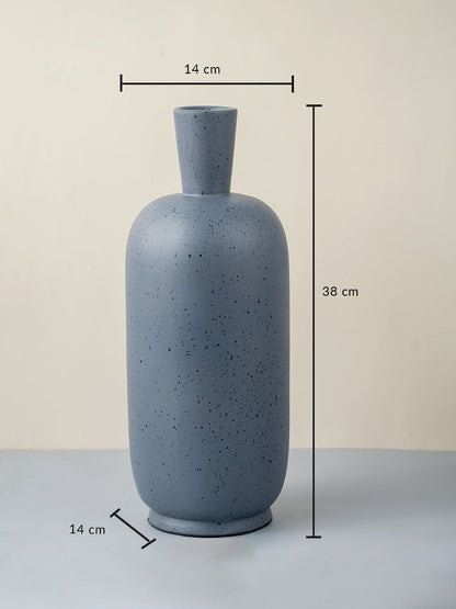 Grey ceramic vase with speckled texture 38 cm height and 14 cm width ideal for table placement and decor styling.