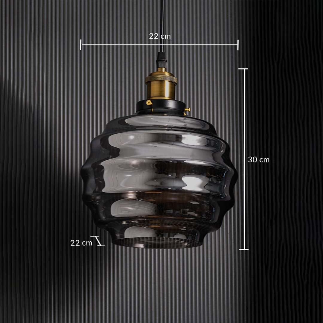 Pendant light with rippled smoked glass shade shown on black wall with clear size details including 22 cm width 22 cm depth and 30 cm height displayed for accurate measurement.