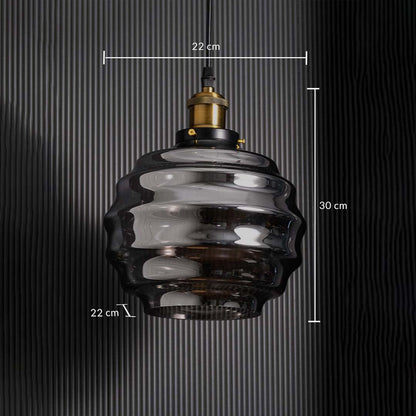 Pendant light with rippled smoked glass shade shown on black wall with clear size details including 22 cm width 22 cm depth and 30 cm height displayed for accurate measurement.