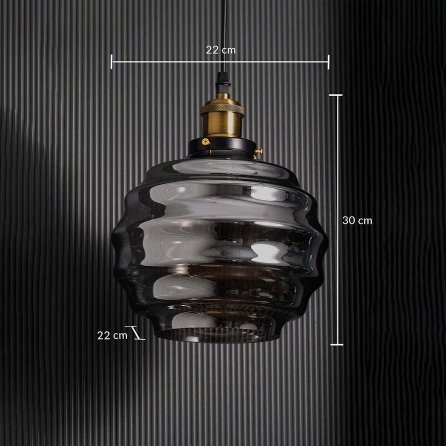 Pendant light with rippled smoked glass shade shown on black wall with clear size details including 22 cm width 22 cm depth and 30 cm height displayed for accurate measurement.