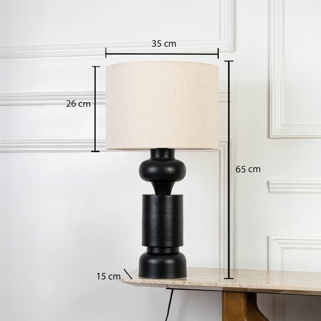 Green ceramic table lamp with beige shade shown with height and width measurements for accurate size guide.
