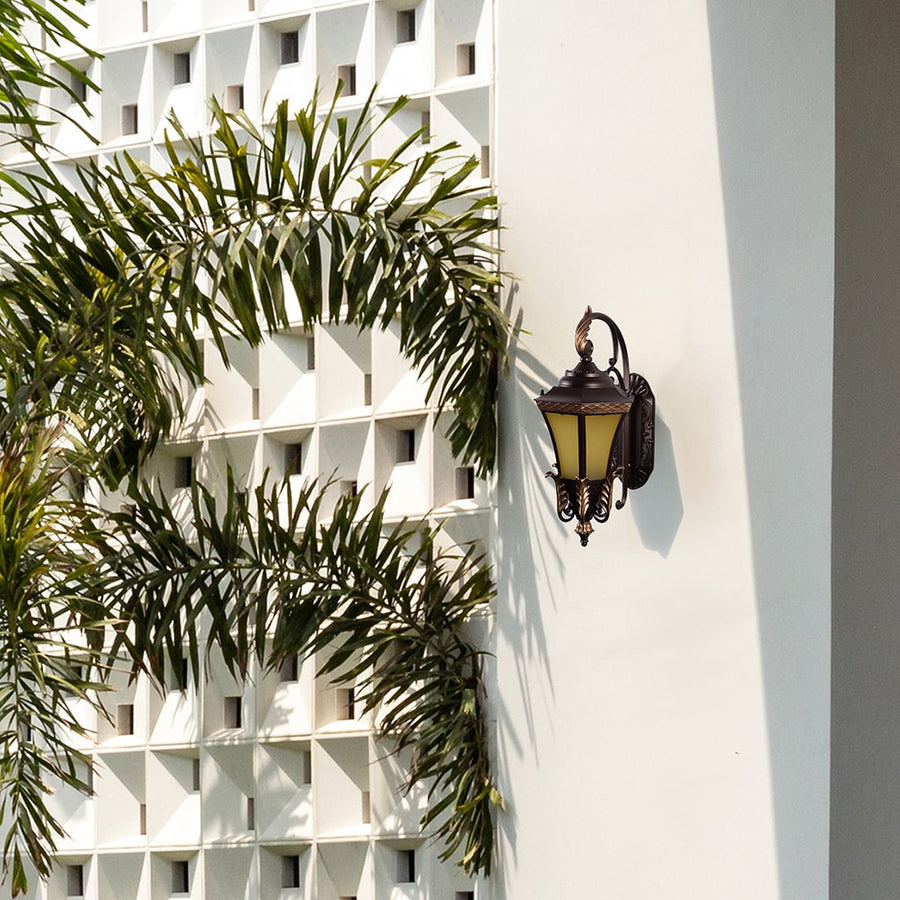 Stylish outdoor wall light with vintage lantern design adding warm glow to exterior walls of modern and classic homes.