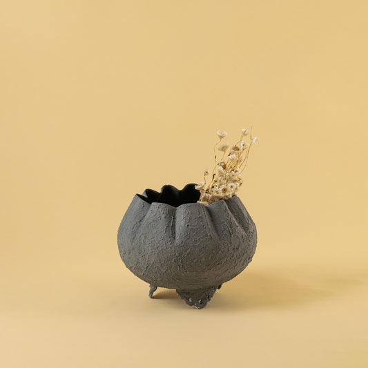 Detailed view of textured dark grey bowl planter with dried stems for modern home decor and artistic style.