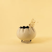 Cream metal scalloped bowl planter decor styled in a warm modern room adding an elegant accent to living room tables and corners.