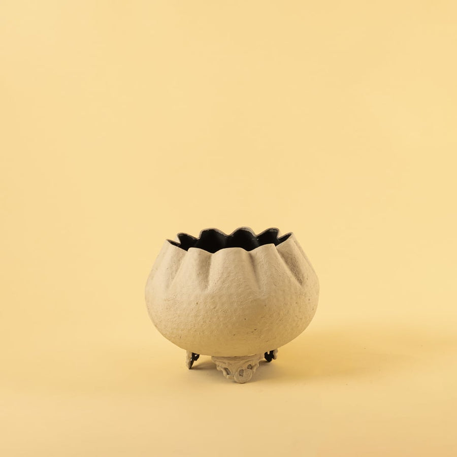 Cream metal scalloped bowl planter decor on a clean white background highlighting its textured elegant finish for home styling.